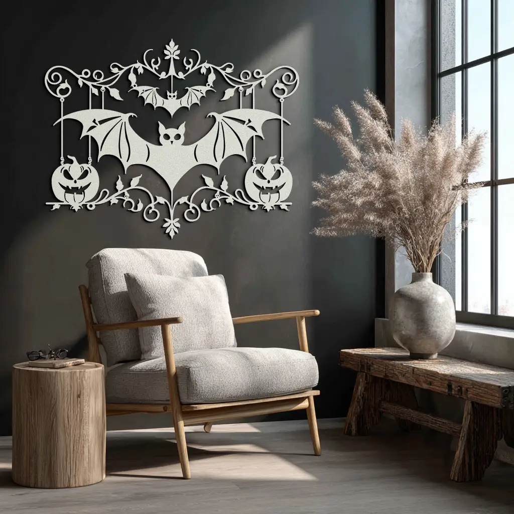 Halloween Bat Pumpkin Metal Wall Art – Spooky Jack-O'-Lantern Steel Decor- KAF328 by Enova Art