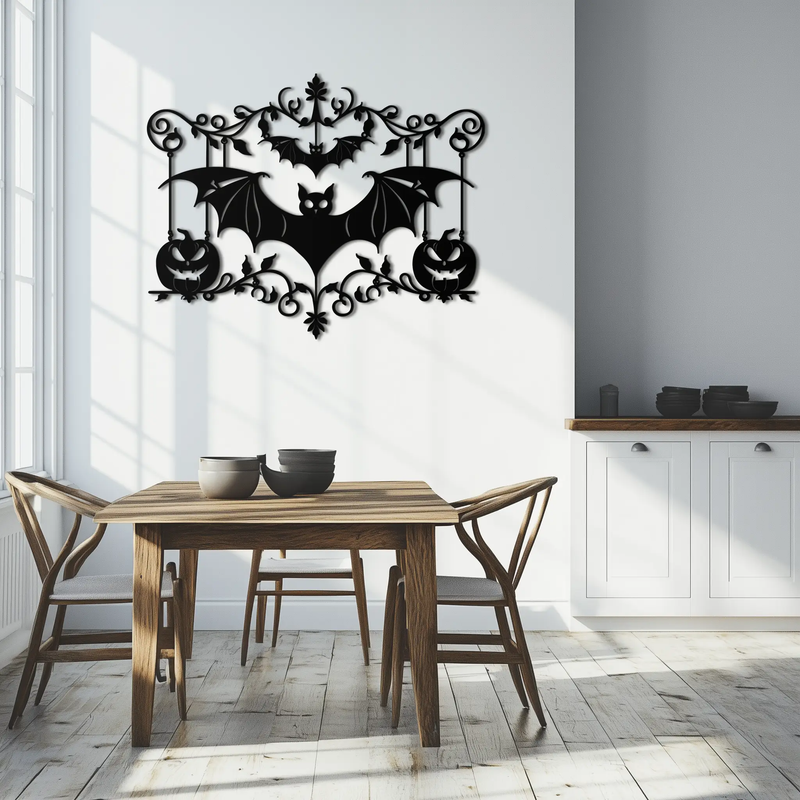 Halloween Bat Pumpkin Metal Wall Art – Spooky Jack-O'-Lantern Steel Decor- KAF328 by Enova Art