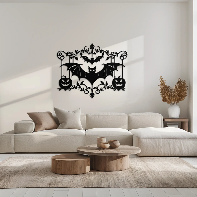 Halloween Bat Pumpkin Metal Wall Art – Spooky Jack-O'-Lantern Steel Decor- KAF328 by Enova Art