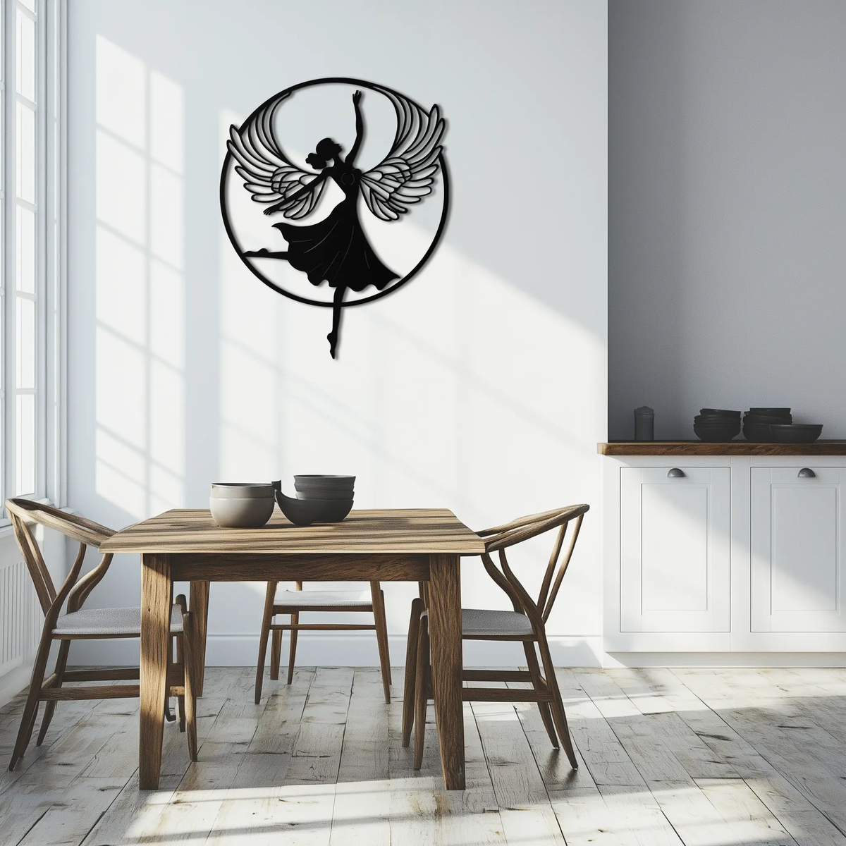 Angel Dancer Metal Wall Art – Winged Woman Silhouette Steel Decor for Elegant and Spiritual Interiors- KAF334 by Enova Art