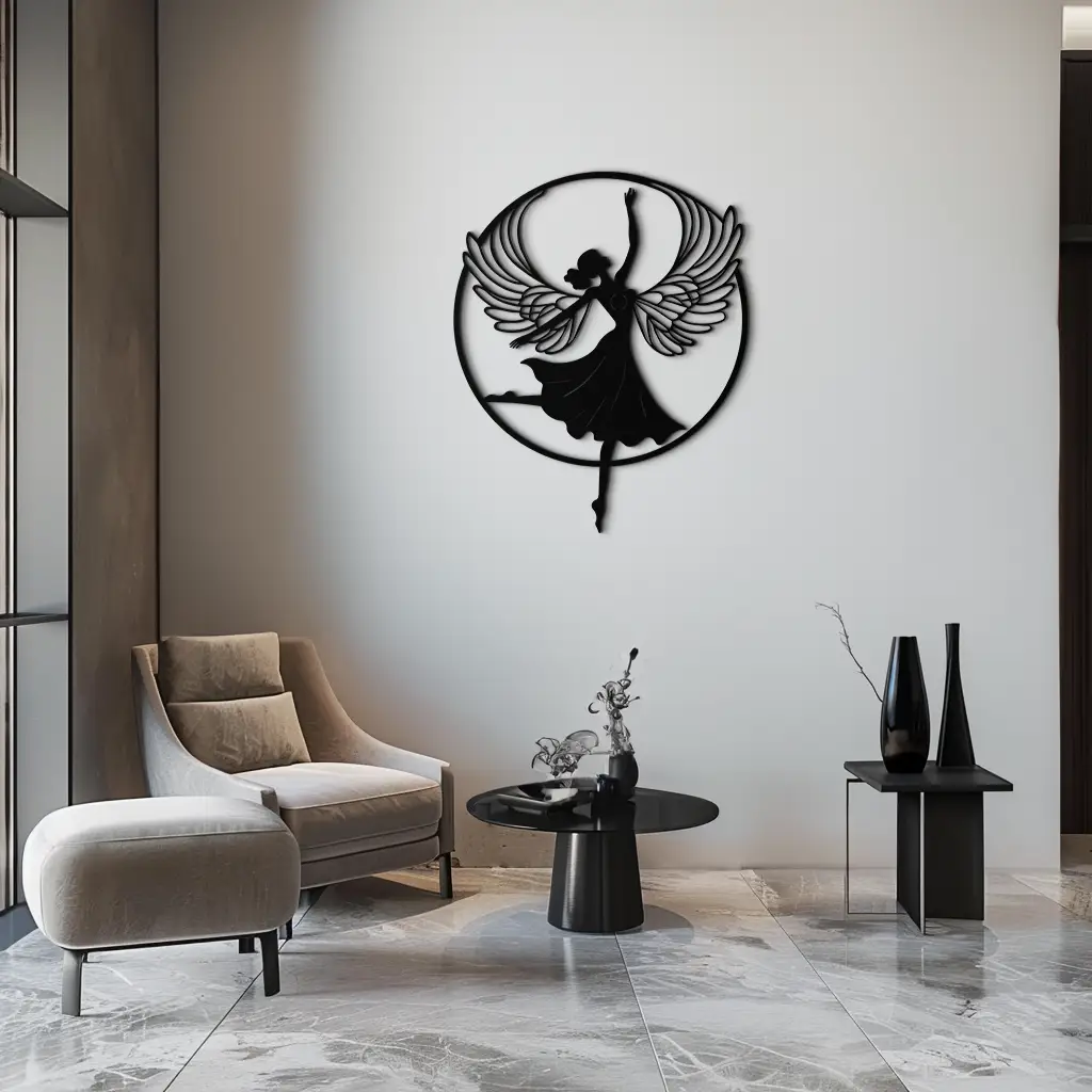 Angel Dancer Metal Wall Art – Winged Woman Silhouette Steel Decor for Elegant and Spiritual Interiors- KAF334 by Enova Art