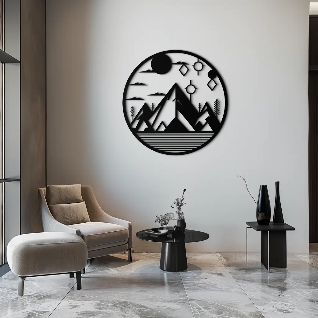 Abstract Mountain Metal Wall Art – Geometric Mountain Silhouette Steel Decor for Modern Interiors- KAF336 by Enova Art