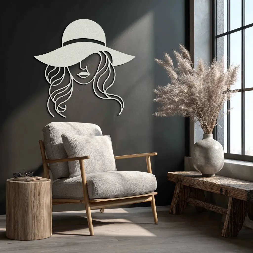 Hat Woman Metal Wall Art – Elegant Female Silhouette Steel Decor with Wide Brim Hat- KAF341 by Enova Art