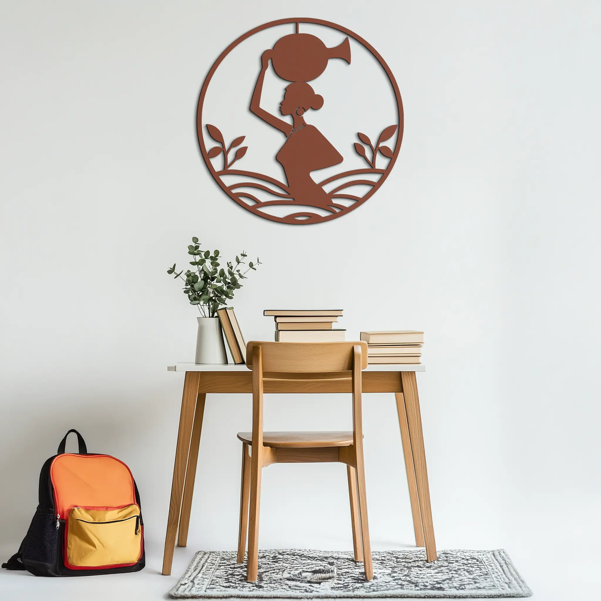 African Woman Carrying Vase Metal Wall Art – Tribal Silhouette Steel Decor for Cultural and Ethnic Interiors- KAF342 by Enova Art