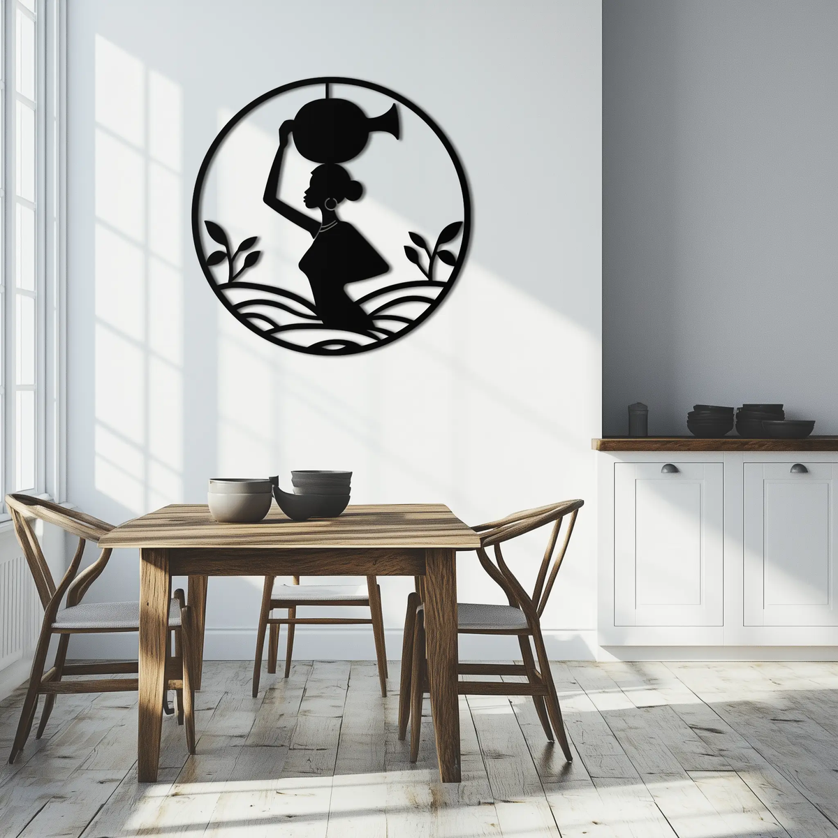African Woman Carrying Vase Metal Wall Art – Tribal Silhouette Steel Decor for Cultural and Ethnic Interiors- KAF342 by Enova Art