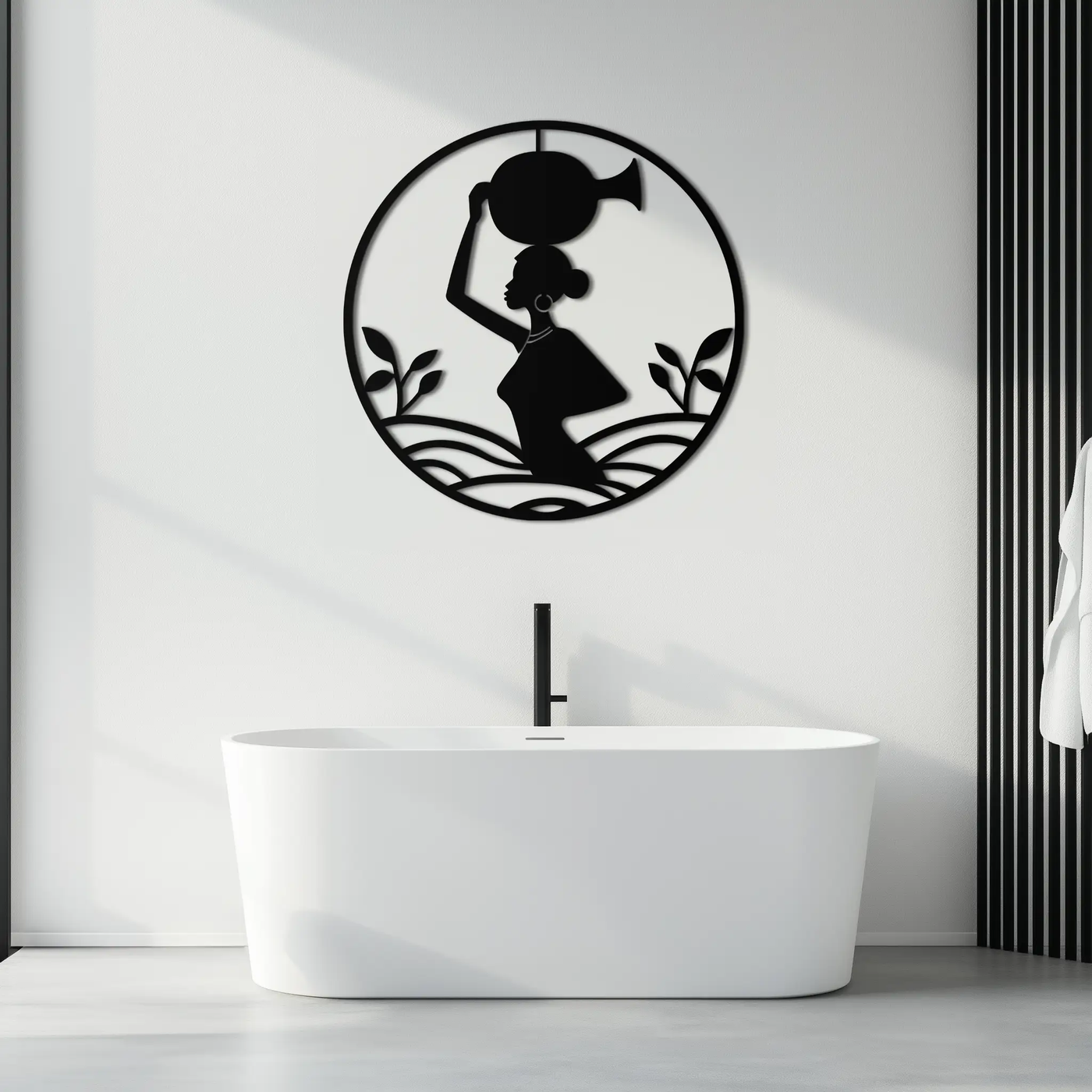 African Woman Carrying Vase Metal Wall Art – Tribal Silhouette Steel Decor for Cultural and Ethnic Interiors- KAF342 by Enova Art