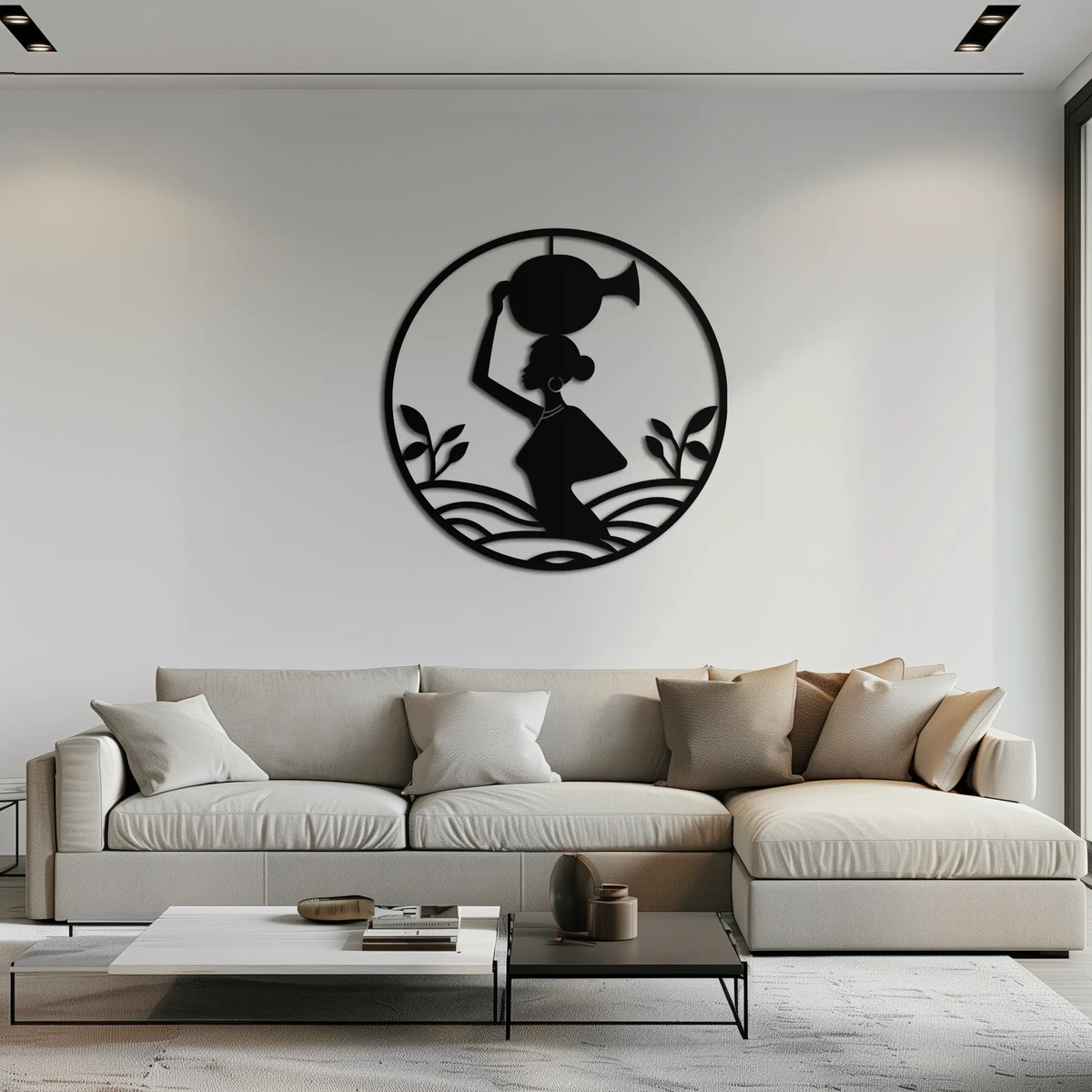African Woman Carrying Vase Metal Wall Art – Tribal Silhouette Steel Decor for Cultural and Ethnic Interiors- KAF342 by Enova Art