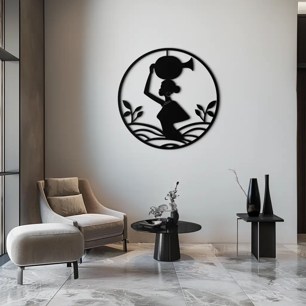 African Woman Carrying Vase Metal Wall Art – Tribal Silhouette Steel Decor for Cultural and Ethnic Interiors- KAF342 by Enova Art
