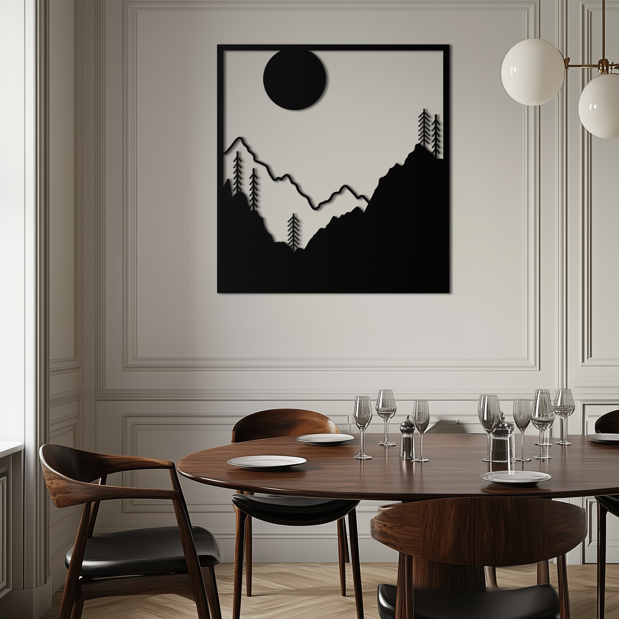 Moonlit Mountain Landscape Metal Wall Art – Modern Square Forest Scene Silhouette for Rustic Nature Decor- KAF346 by Enova Art