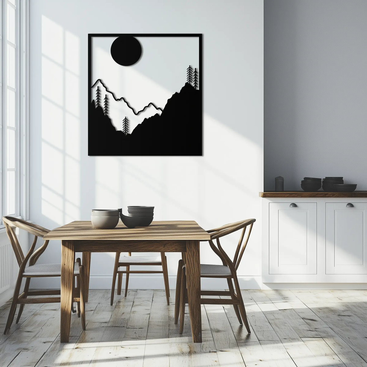 Moonlit Mountain Landscape Metal Wall Art – Modern Square Forest Scene Silhouette for Rustic Nature Decor- KAF346 by Enova Art