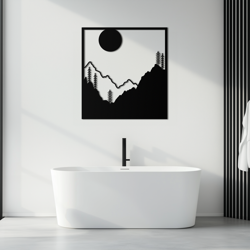 Moonlit Mountain Landscape Metal Wall Art – Modern Square Forest Scene Silhouette for Rustic Nature Decor- KAF346 by Enova Art