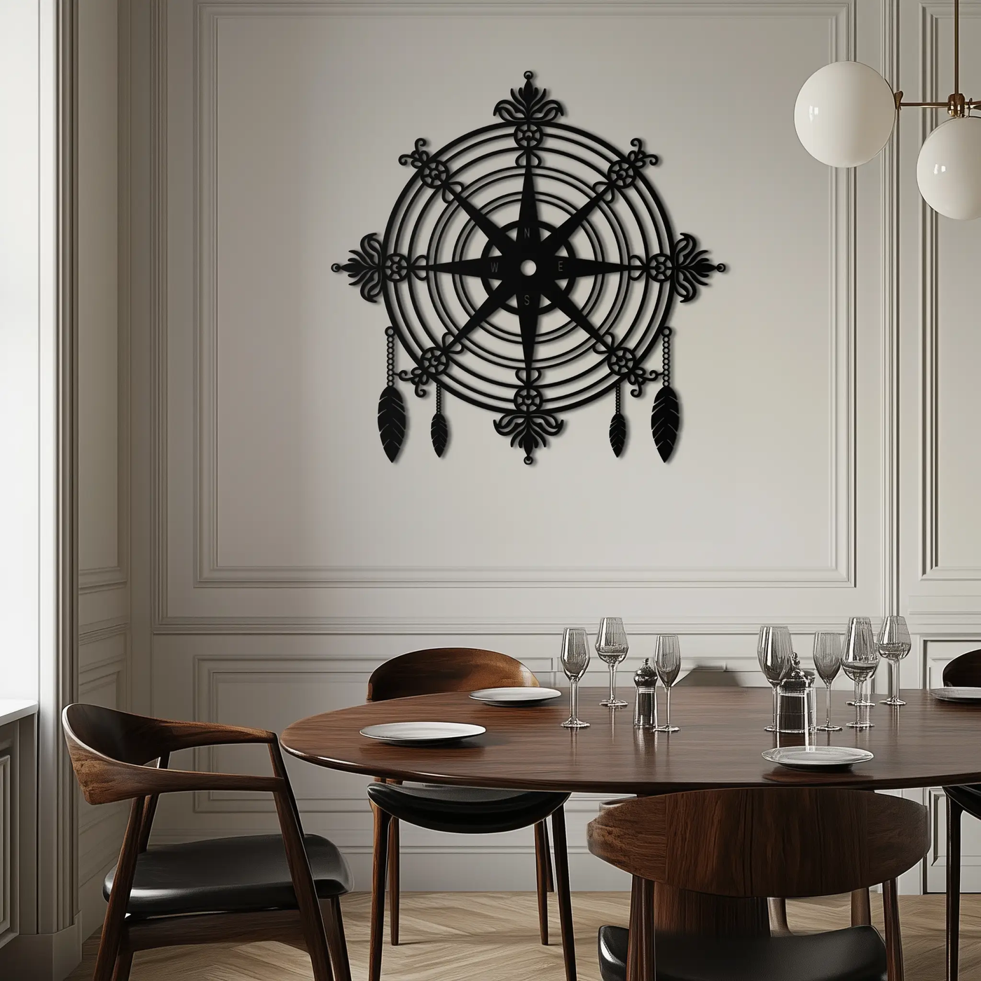 Ornate Compass Rose Metal Wall Art – Decorative Matte Black Steel with Feathers for Nautical and Boho Decor- KAF347 by Enova Art