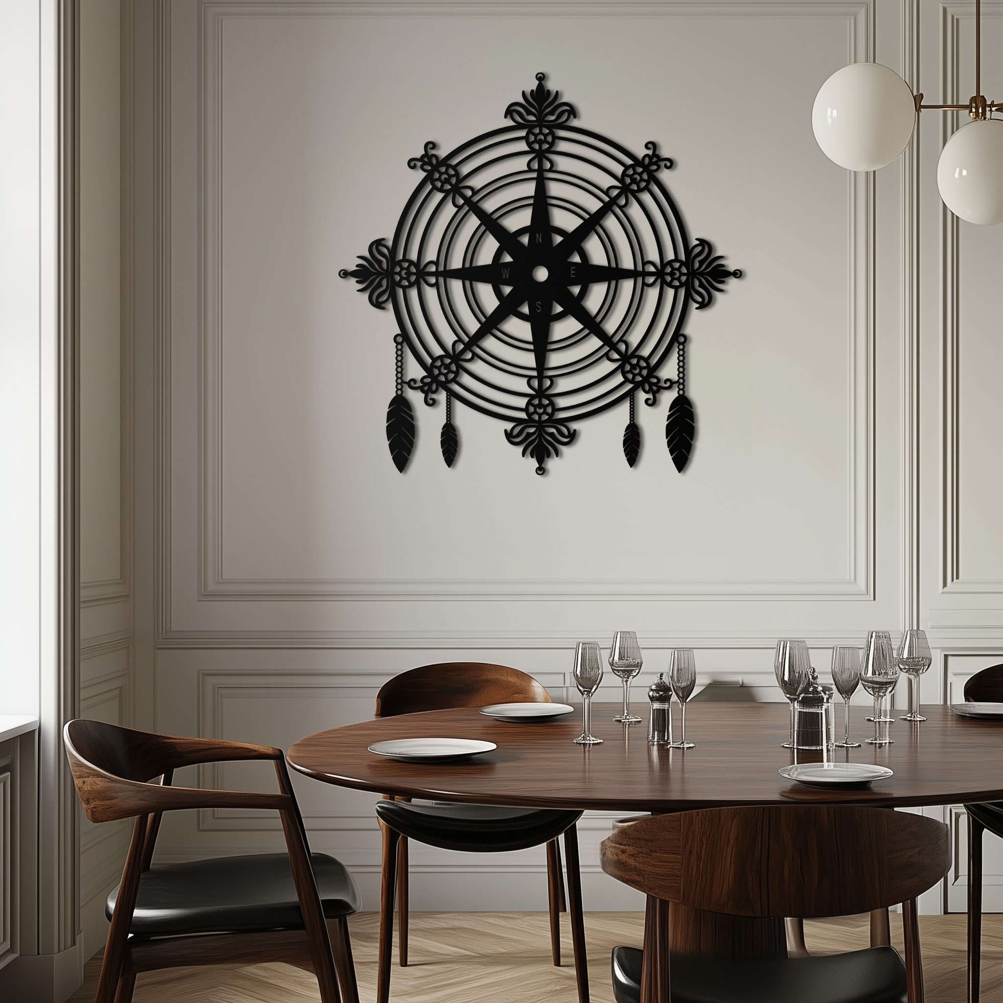 Ornate Compass Rose Metal Wall Art – Decorative Matte Black Steel with Feathers for Nautical and Boho Decor- KAF347 by Enova Art