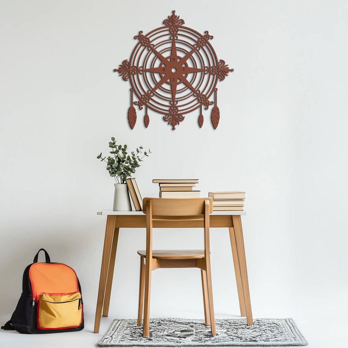 Ornate Compass Rose Metal Wall Art – Decorative Matte Black Steel with Feathers for Nautical and Boho Decor- KAF347 by Enova Art