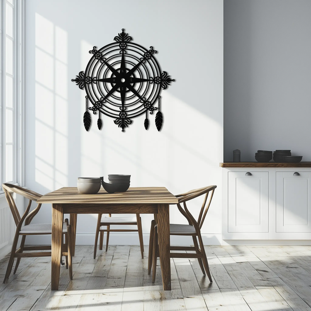 Ornate Compass Rose Metal Wall Art – Decorative Matte Black Steel with Feathers for Nautical and Boho Decor- KAF347 by Enova Art