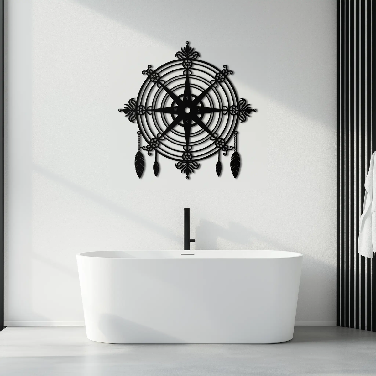 Ornate Compass Rose Metal Wall Art – Decorative Matte Black Steel with Feathers for Nautical and Boho Decor- KAF347 by Enova Art