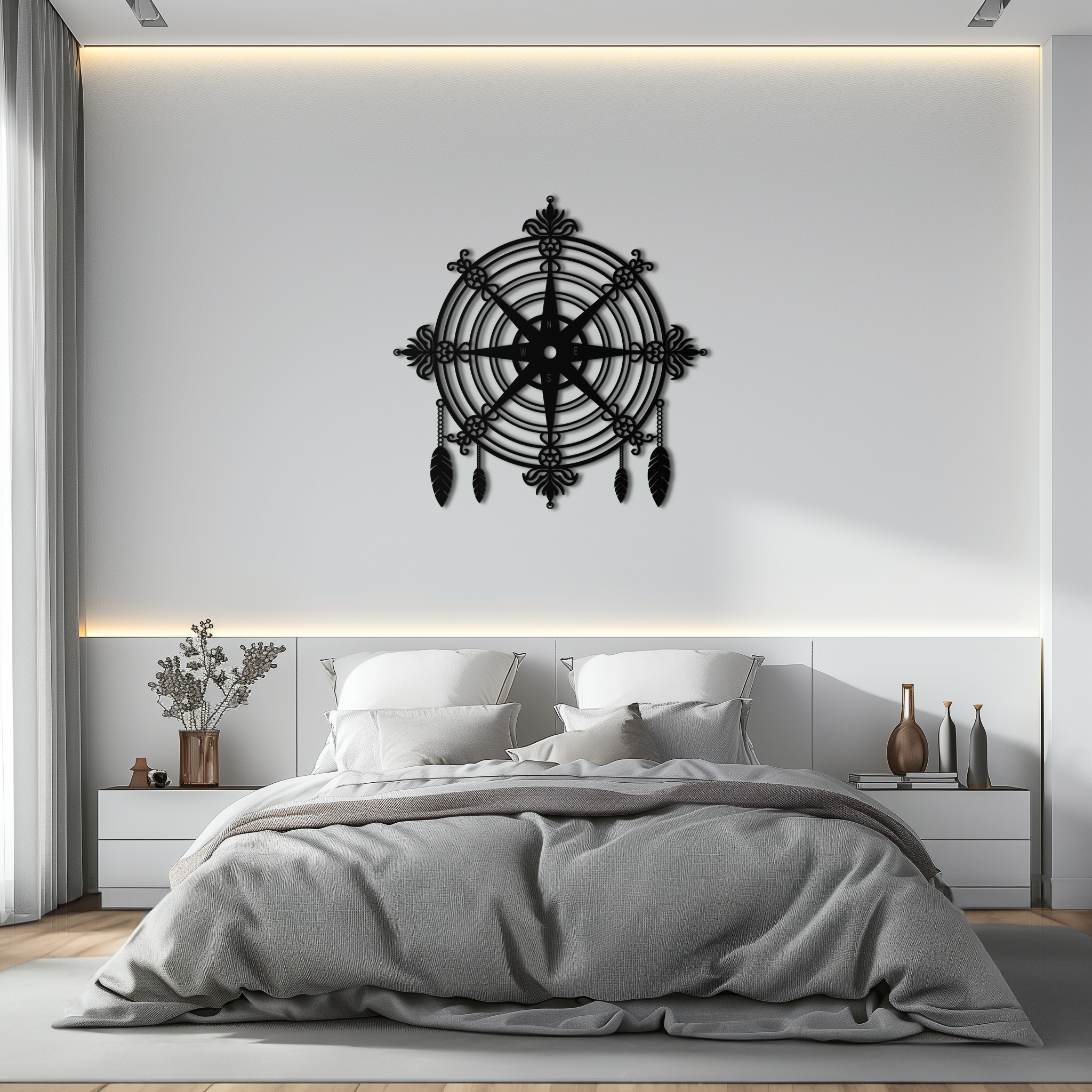 Ornate Compass Rose Metal Wall Art – Decorative Matte Black Steel with Feathers for Nautical and Boho Decor- KAF347 by Enova Art