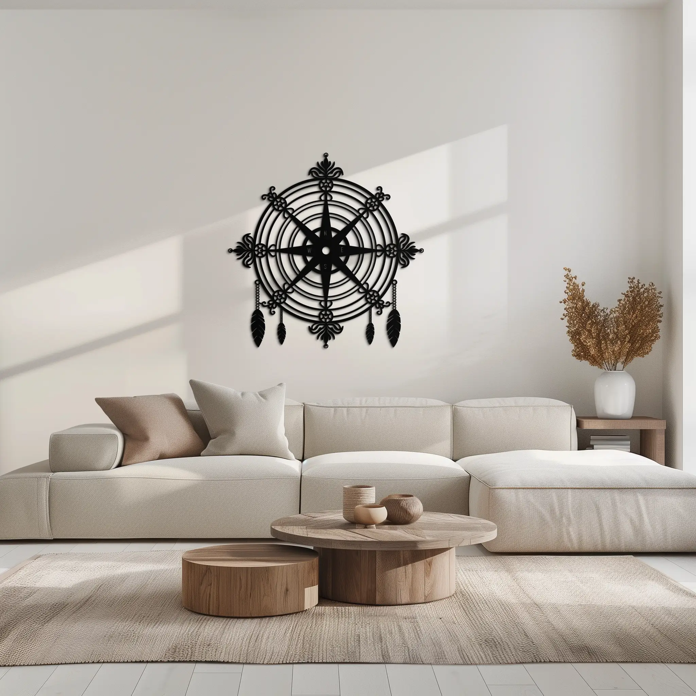 Ornate Compass Rose Metal Wall Art – Decorative Matte Black Steel with Feathers for Nautical and Boho Decor- KAF347 by Enova Art