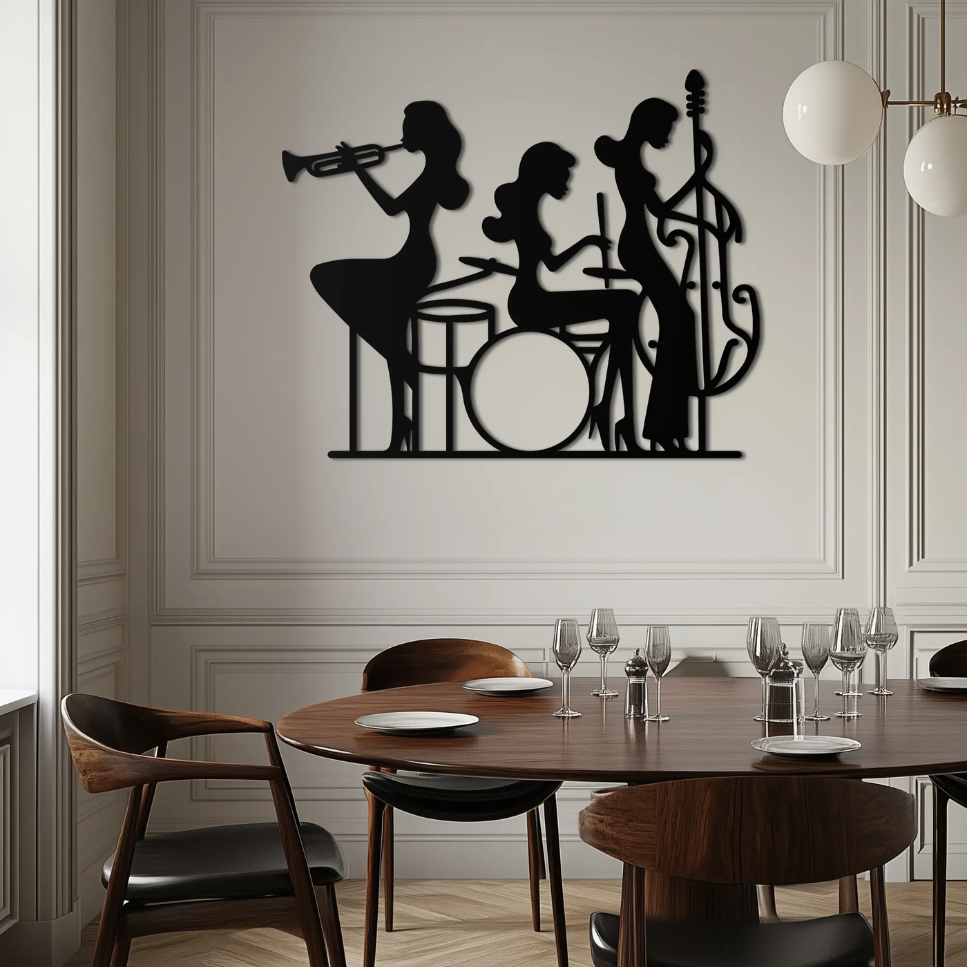 Jazz Trio Women Metal Wall Art – Musical Female Silhouette Band Playing Instruments in Black Steel- KAF349 by Enova Art