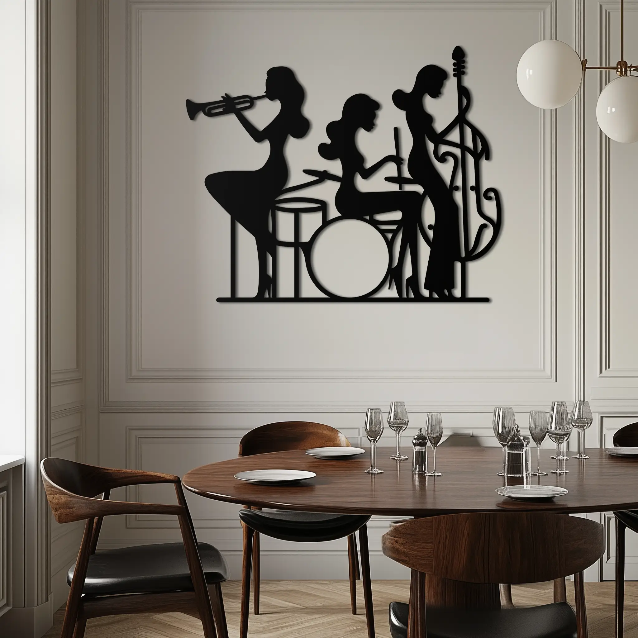 Jazz Trio Women Metal Wall Art – Musical Female Silhouette Band Playing Instruments in Black Steel- KAF349 by Enova Art
