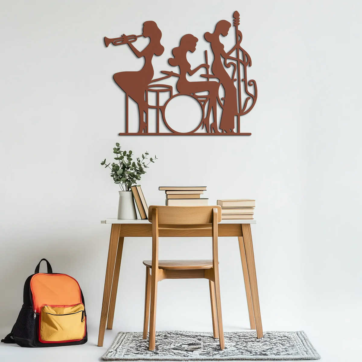 Jazz Trio Women Metal Wall Art – Musical Female Silhouette Band Playing Instruments in Black Steel- KAF349 by Enova Art