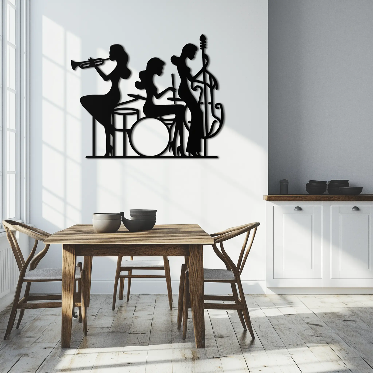 Jazz Trio Women Metal Wall Art – Musical Female Silhouette Band Playing Instruments in Black Steel- KAF349 by Enova Art