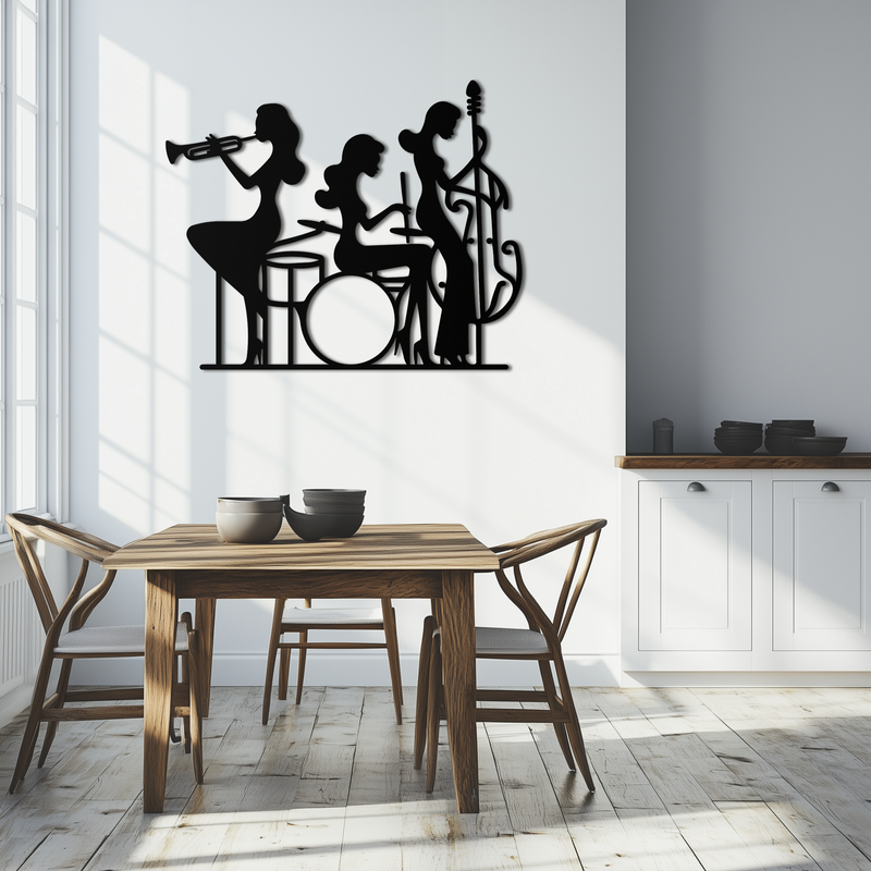 Jazz Trio Women Metal Wall Art – Musical Female Silhouette Band Playing Instruments in Black Steel- KAF349 by Enova Art