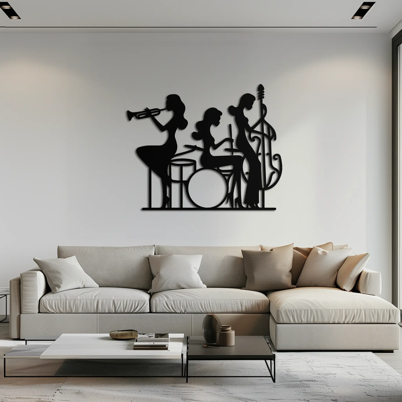 Jazz Trio Women Metal Wall Art – Musical Female Silhouette Band Playing Instruments in Black Steel- KAF349 by Enova Art