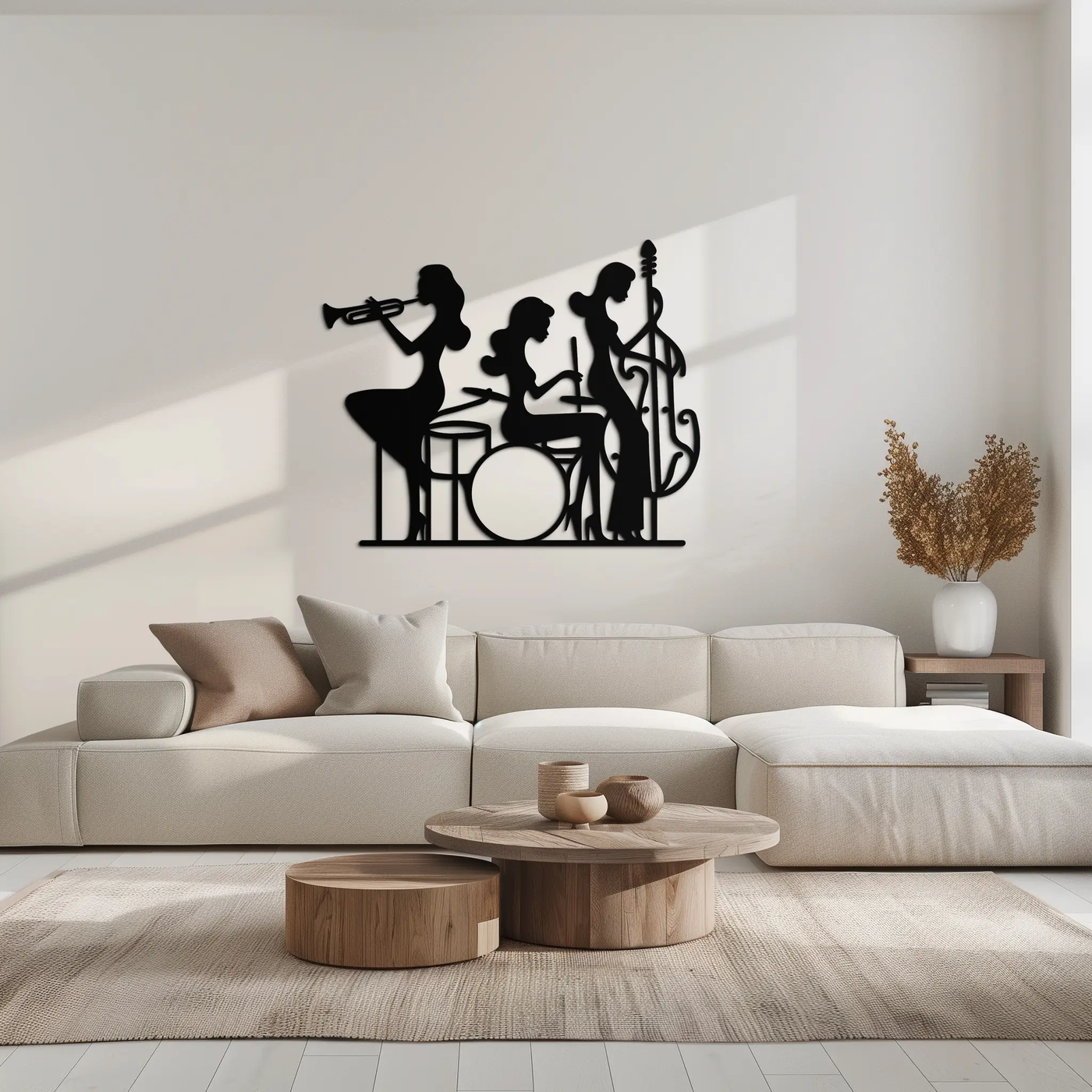 Jazz Trio Women Metal Wall Art – Musical Female Silhouette Band Playing Instruments in Black Steel- KAF349 by Enova Art