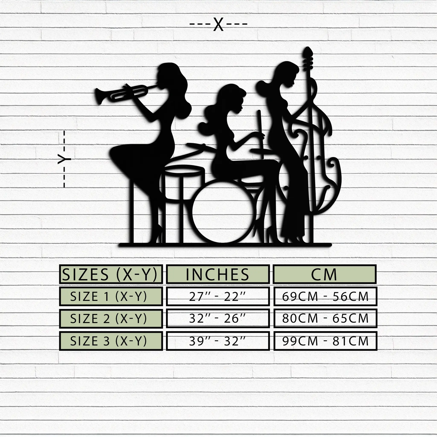 Jazz Trio Women Metal Wall Art – Musical Female Silhouette Band Playing Instruments in Black Steel- KAF349 by Enova Art