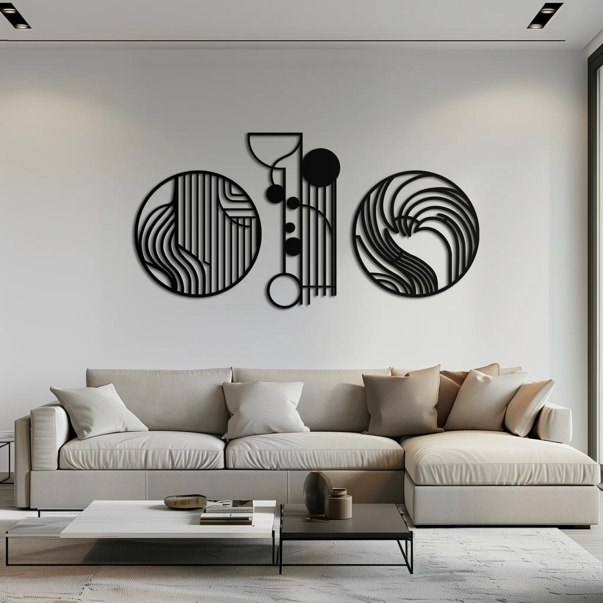 Abstract Geometric Trio Metal Wall Art – Modern Circle and Line Patterned Minimalist Steel Decor Set- KAF351 by Enova Art