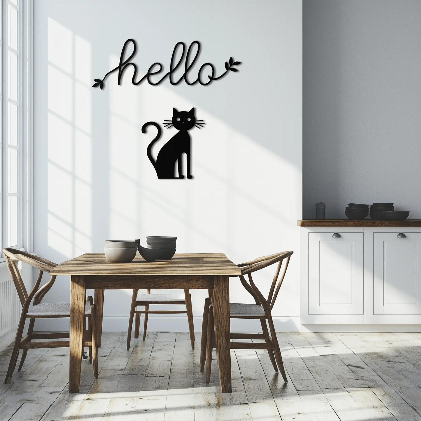 Hello Cat Metal Wall Art – Whimsical Welcome Sign with Cat Silhouette for Entryway or Living Room- KAF352 by Enova Art