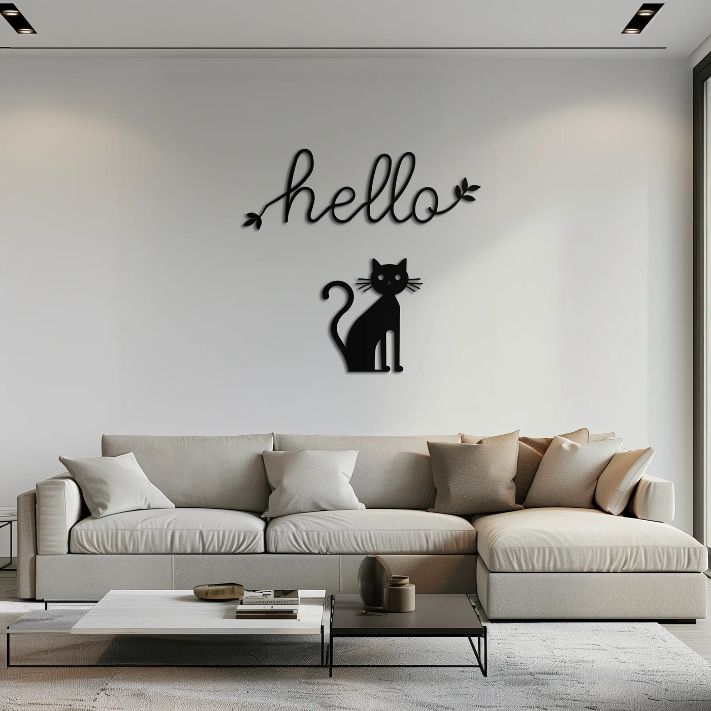 Hello Cat Metal Wall Art – Whimsical Welcome Sign with Cat Silhouette for Entryway or Living Room- KAF352 by Enova Art