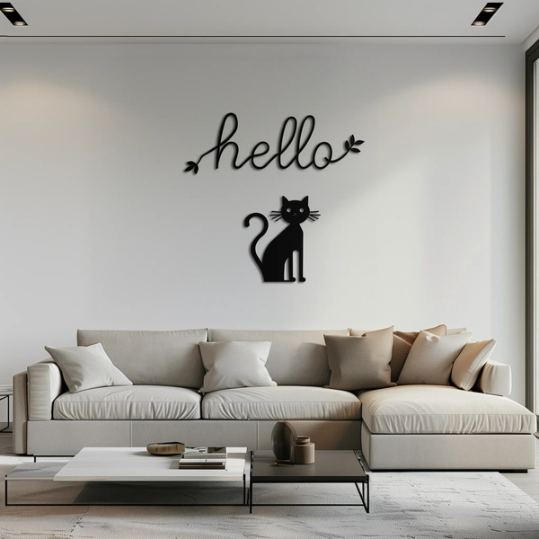 Hello Cat Metal Wall Art – Whimsical Welcome Sign with Cat Silhouette for Entryway or Living Room- KAF352