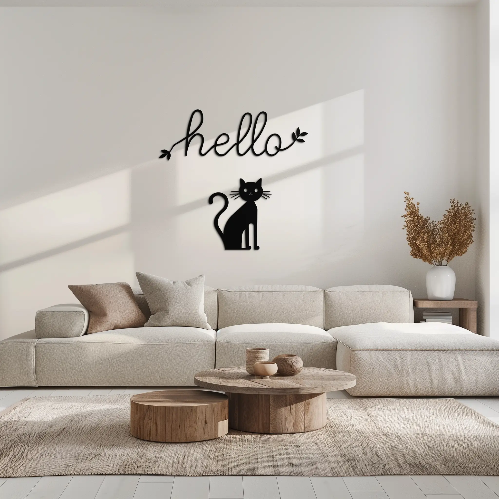 Hello Cat Metal Wall Art – Whimsical Welcome Sign with Cat Silhouette for Entryway or Living Room- KAF352 by Enova Art