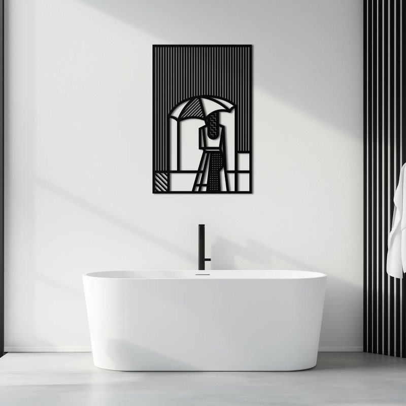 Woman with Umbrella Abstract Metal Wall Art – Modern Rainy Day Silhouette Steel Decor- KAF354 by Enova Art