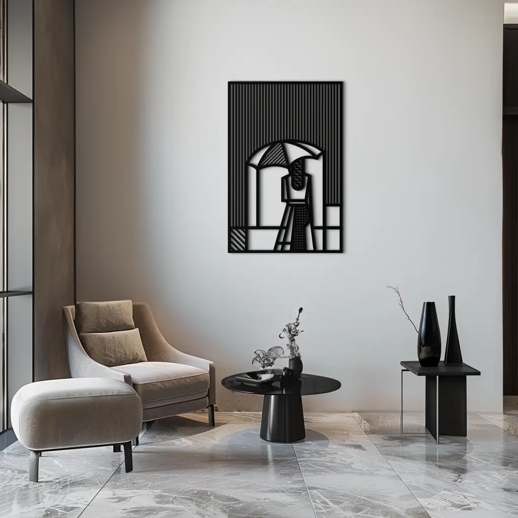 Woman with Umbrella Abstract Metal Wall Art – Modern Rainy Day Silhouette Steel Decor- KAF354 by Enova Art