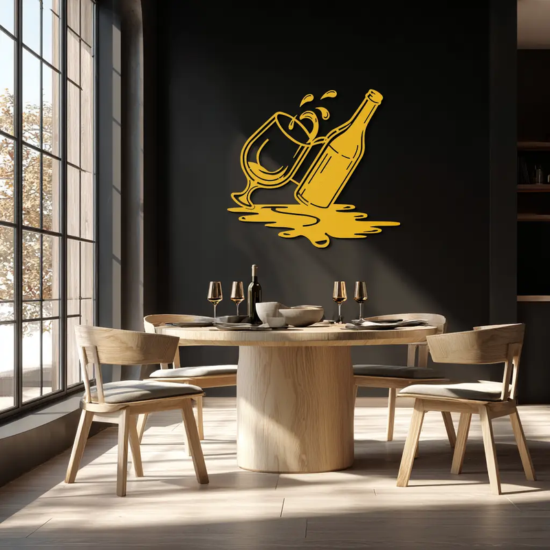 Wine Bottle and Glass Metal Wall Art – Modern Bar Decor with Splash Effect for Kitchen or Lounge Spaces- KAF356 by Enova Art