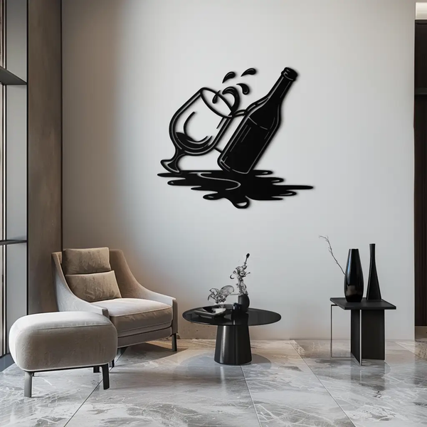 Wine Bottle and Glass Metal Wall Art – Modern Bar Decor with Splash Effect for Kitchen or Lounge Spaces- KAF356