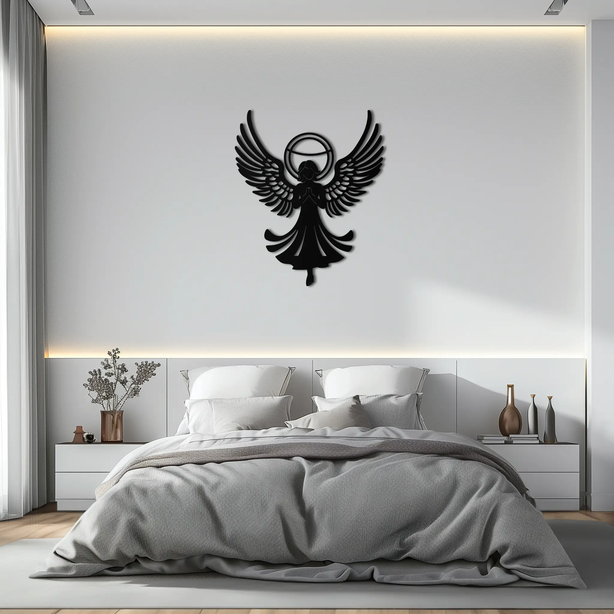 Guardian Angel Metal Wall Art – Spiritual Angel Silhouette with Halo for Home Blessing Decor- KAF359 by Enova Art
