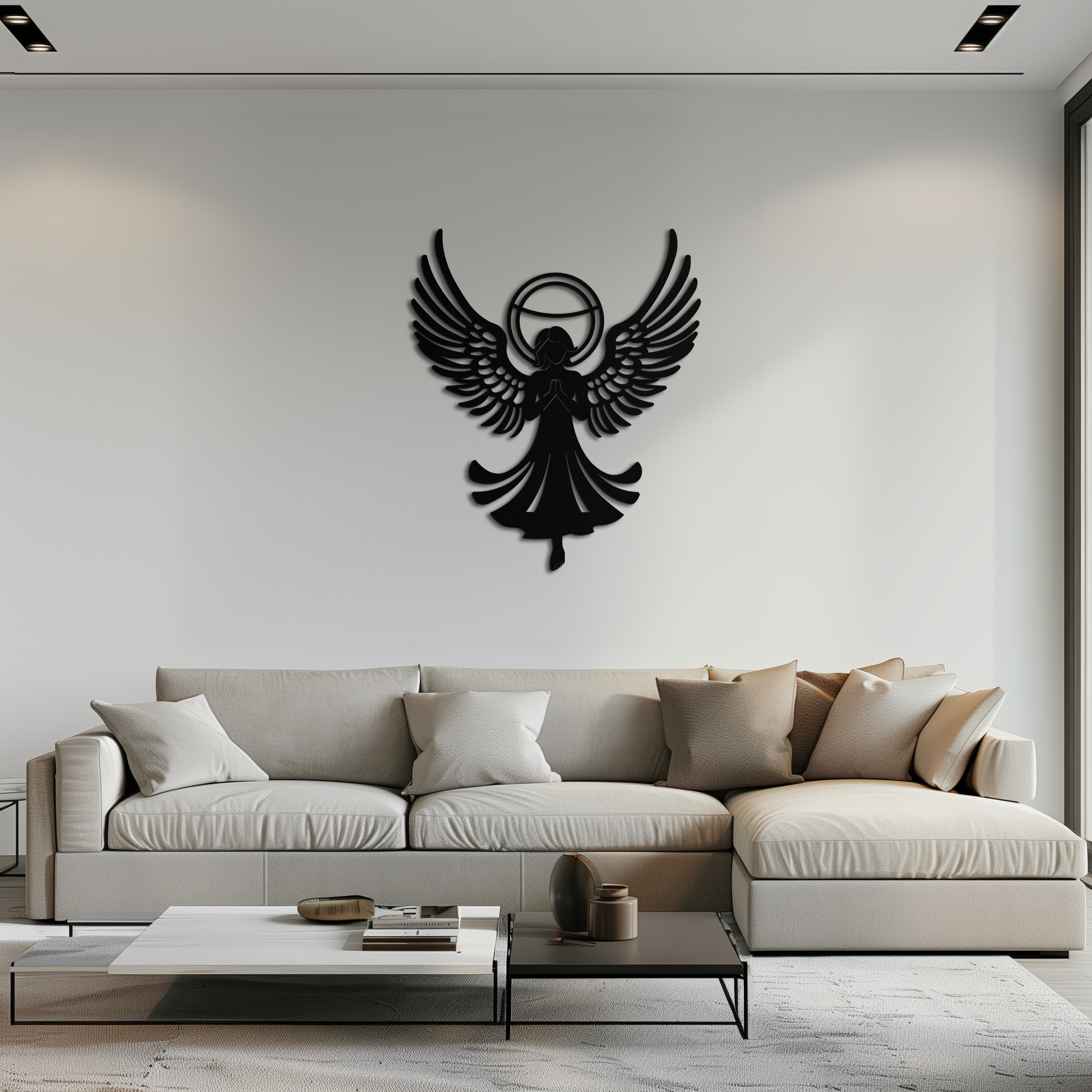 Guardian Angel Metal Wall Art – Spiritual Angel Silhouette with Halo for Home Blessing Decor- KAF359 by Enova Art