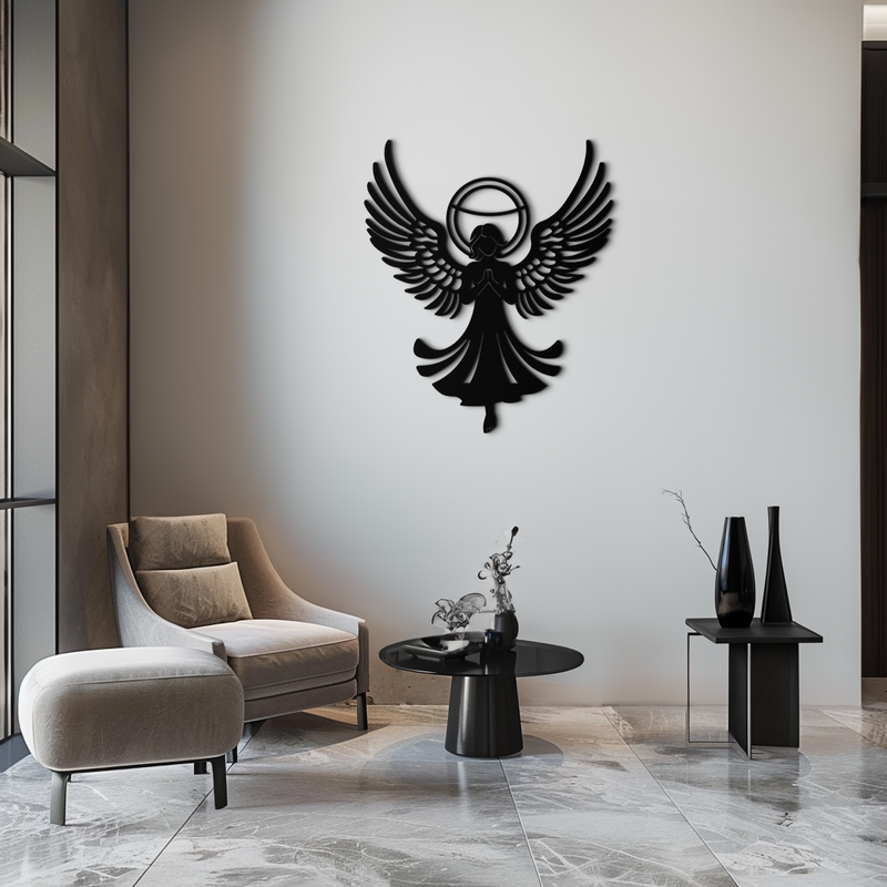 Guardian Angel Metal Wall Art – Spiritual Angel Silhouette with Halo for Home Blessing Decor- KAF359 by Enova Art