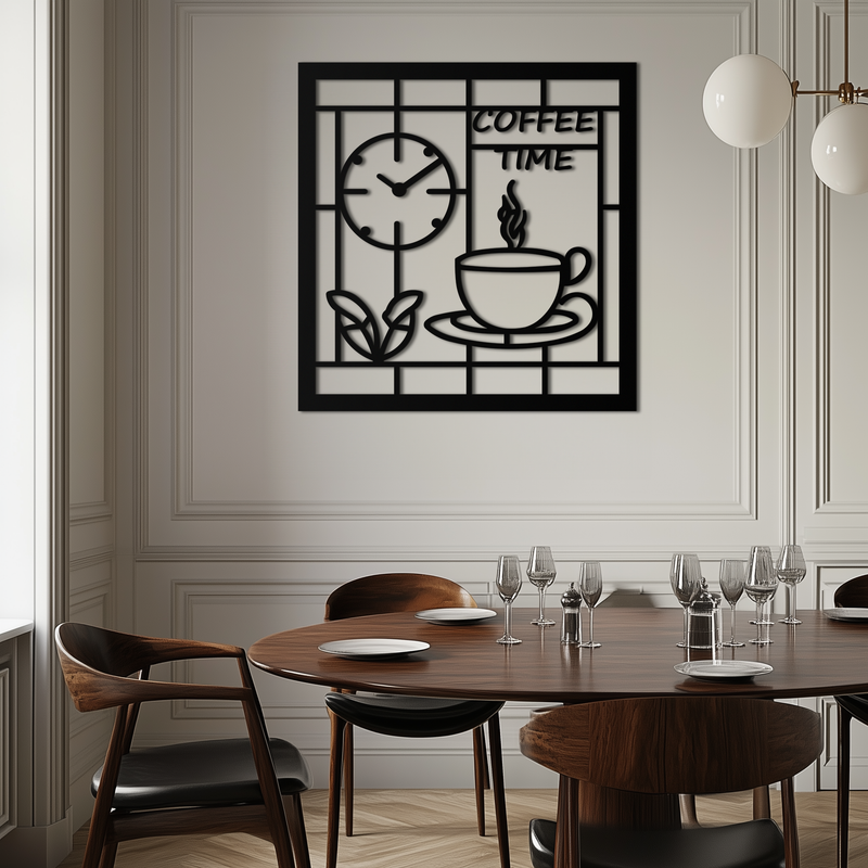 Coffee Time Metal Wall Art – Coffee Cup and Clock Design for Kitchen and Cafe Decor- KAF360 by Enova Art