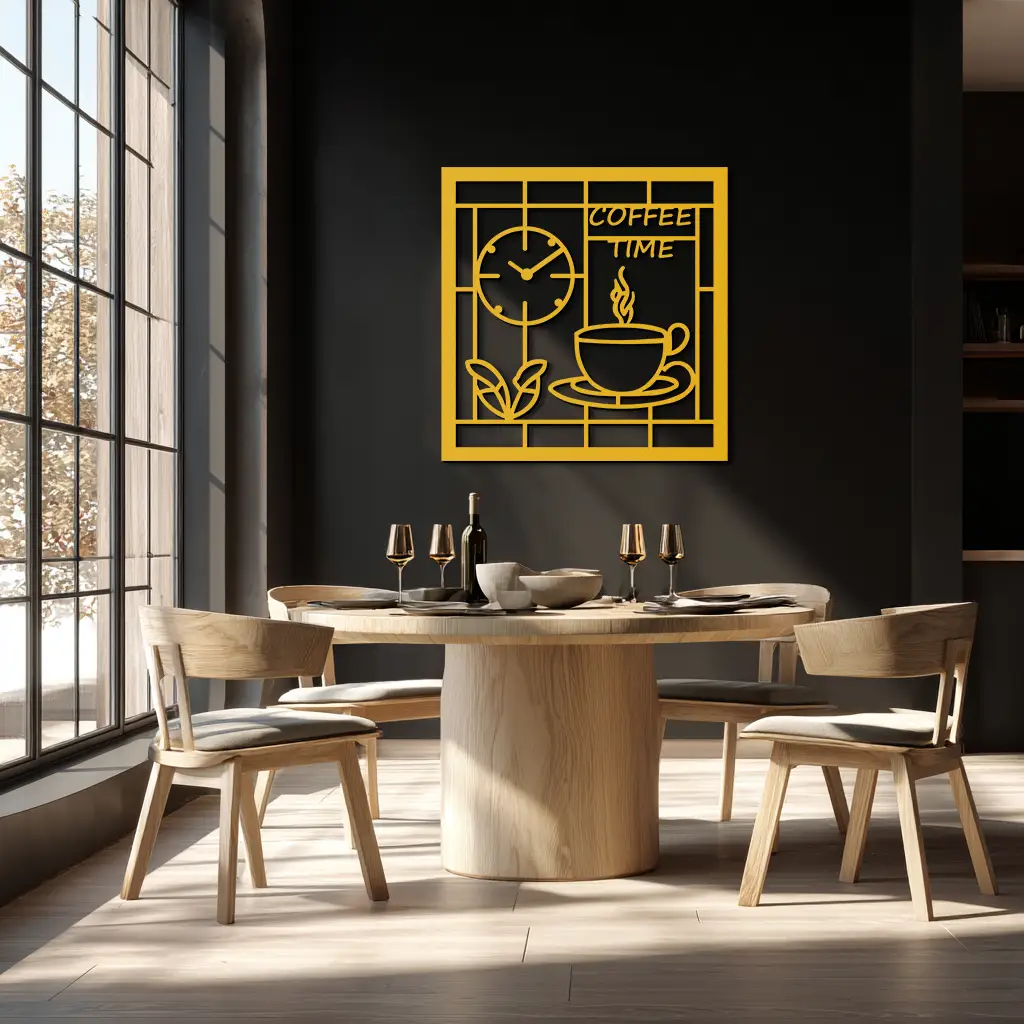 Coffee Time Metal Wall Art – Coffee Cup and Clock Design for Kitchen and Cafe Decor- KAF360 by Enova Art