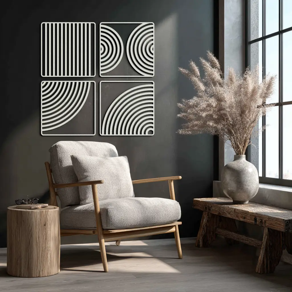 Geometric Pattern Metal Wall Art – 4-Piece Modern Minimalist Steel Decor- KAF363 by Enova Art