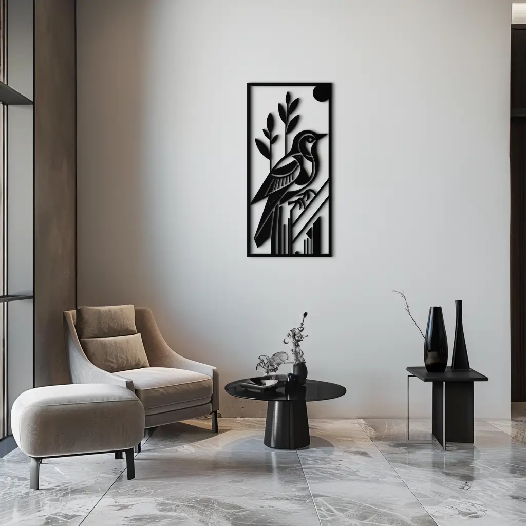 Bird & Nature Panel Metal Wall Art – Minimalist Vertical Steel Decor- KAF369 by Enova Art