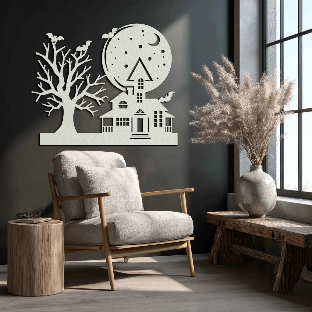 Haunted House and Bat Halloween Metal Wall Art – Spooky Full Moon Scene in Matte Black- KAF370 by Enova Art