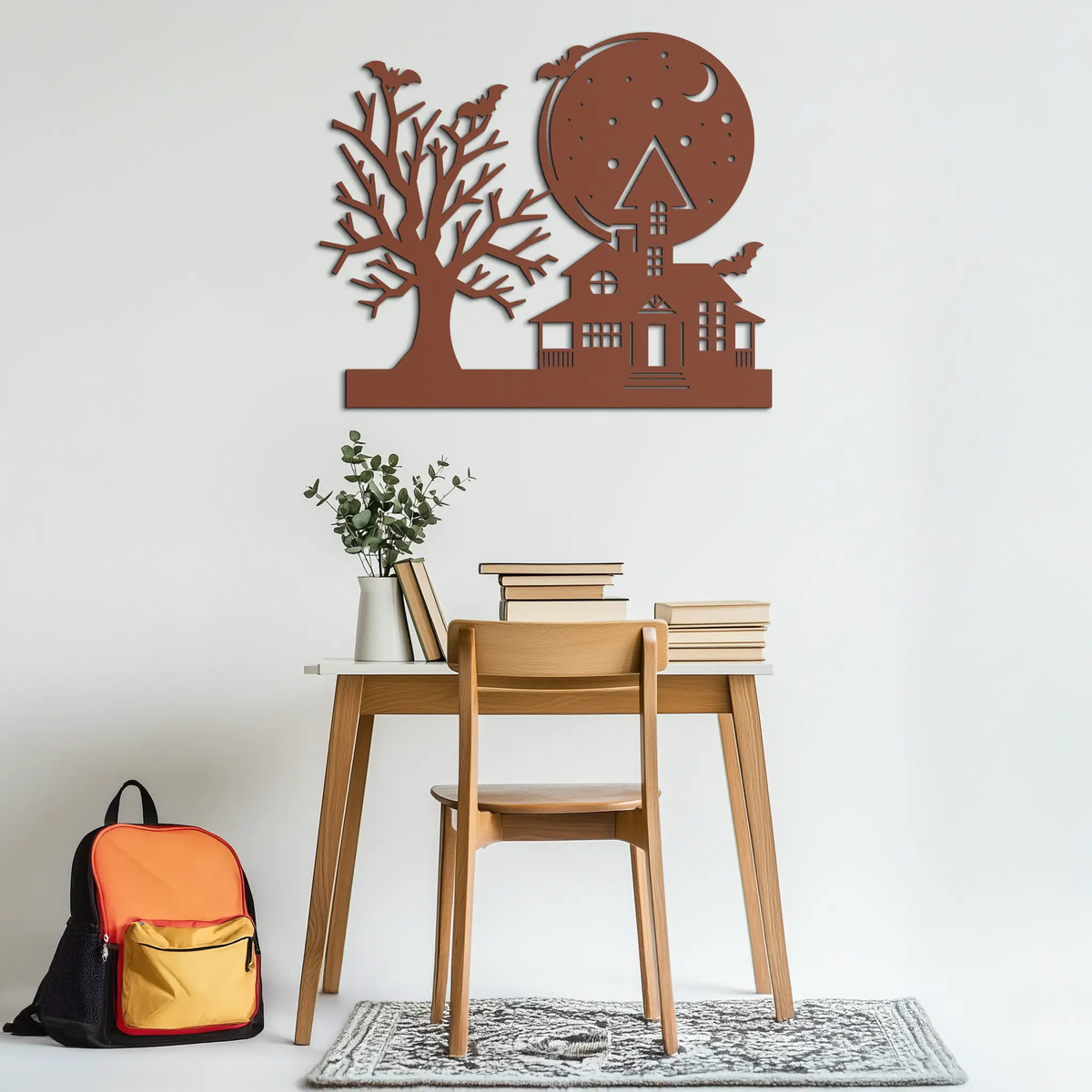 Haunted House and Bat Halloween Metal Wall Art – Spooky Full Moon Scene in Matte Black- KAF370 by Enova Art