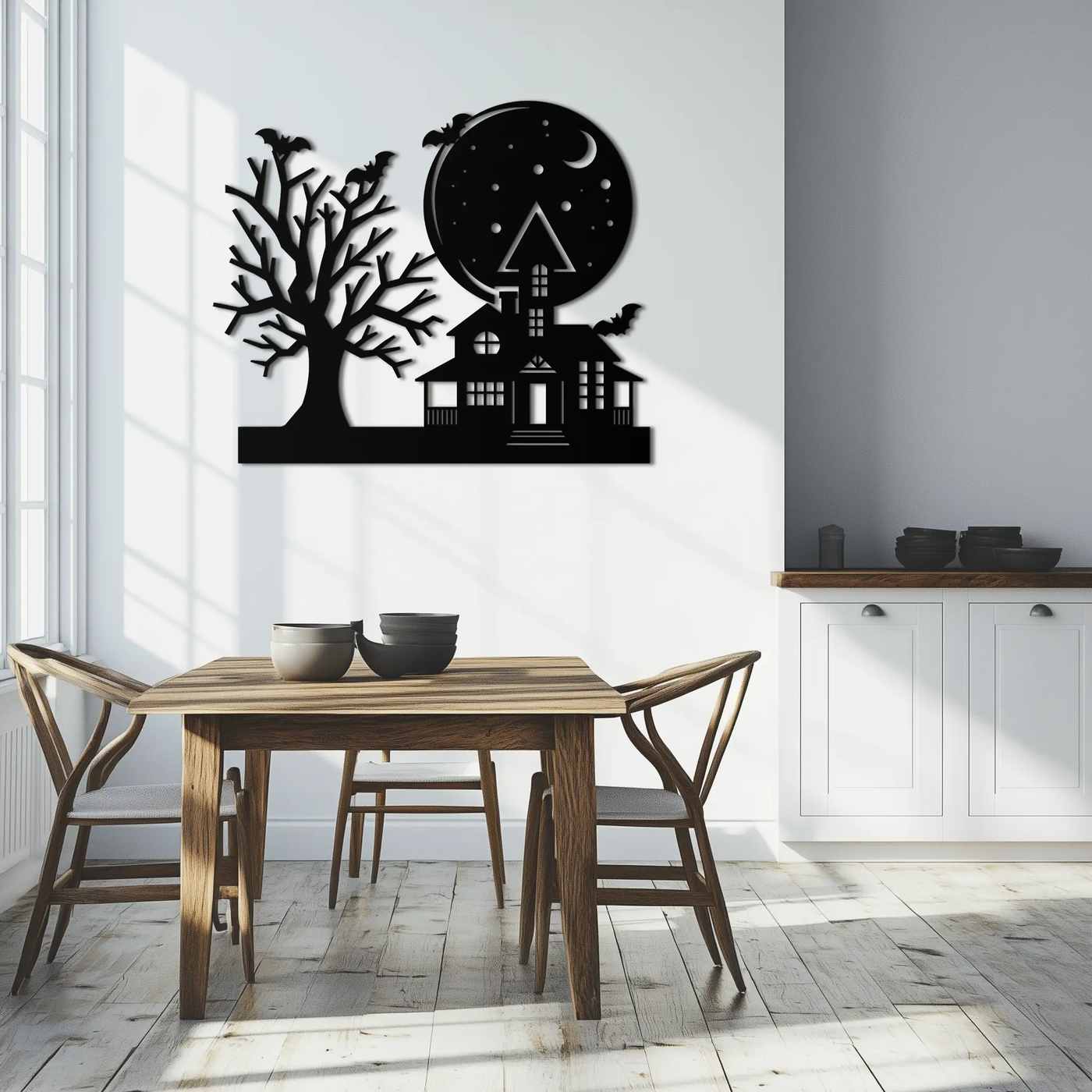 Haunted House and Bat Halloween Metal Wall Art – Spooky Full Moon Scene in Matte Black- KAF370 by Enova Art