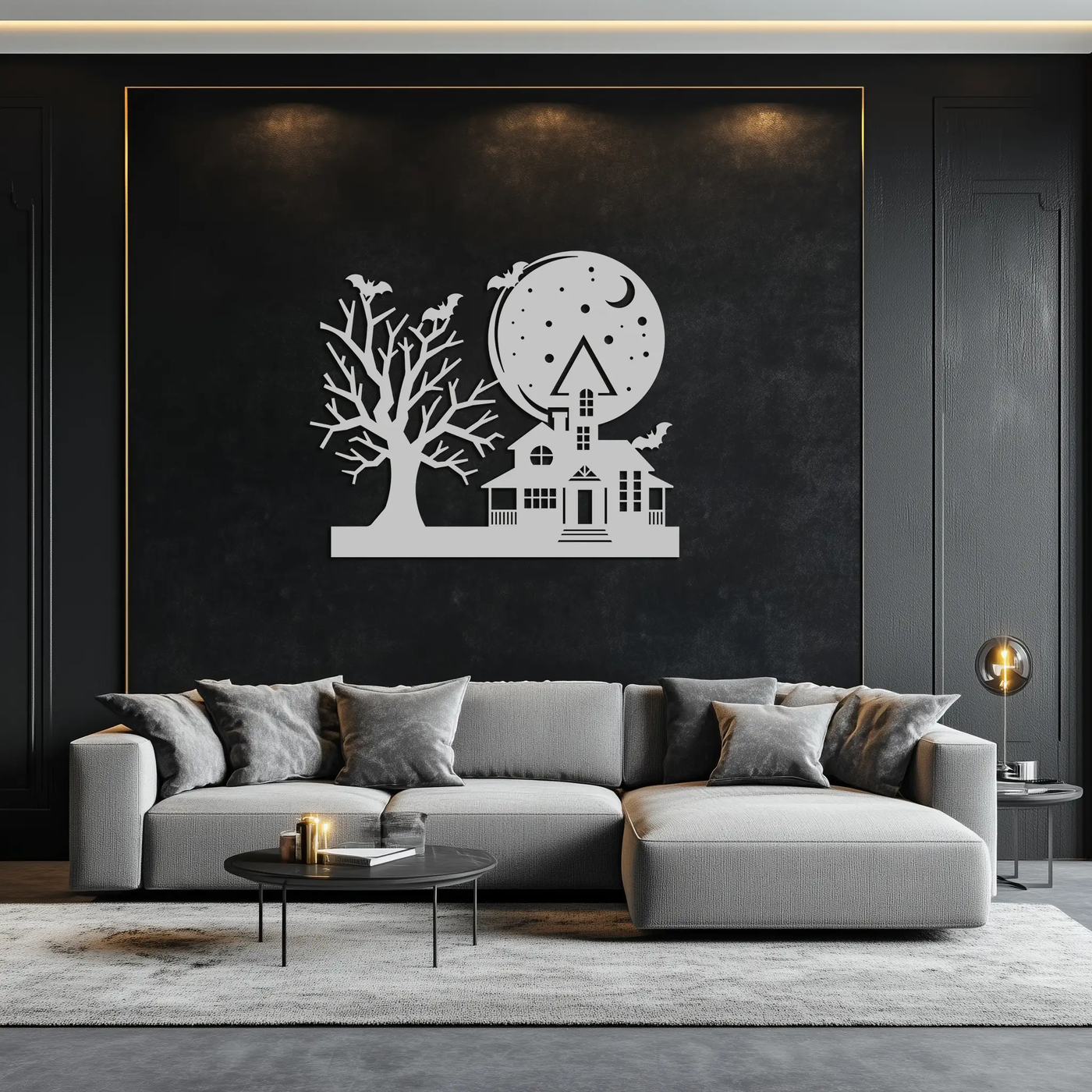 Haunted House and Bat Halloween Metal Wall Art – Spooky Full Moon Scene in Matte Black- KAF370 by Enova Art